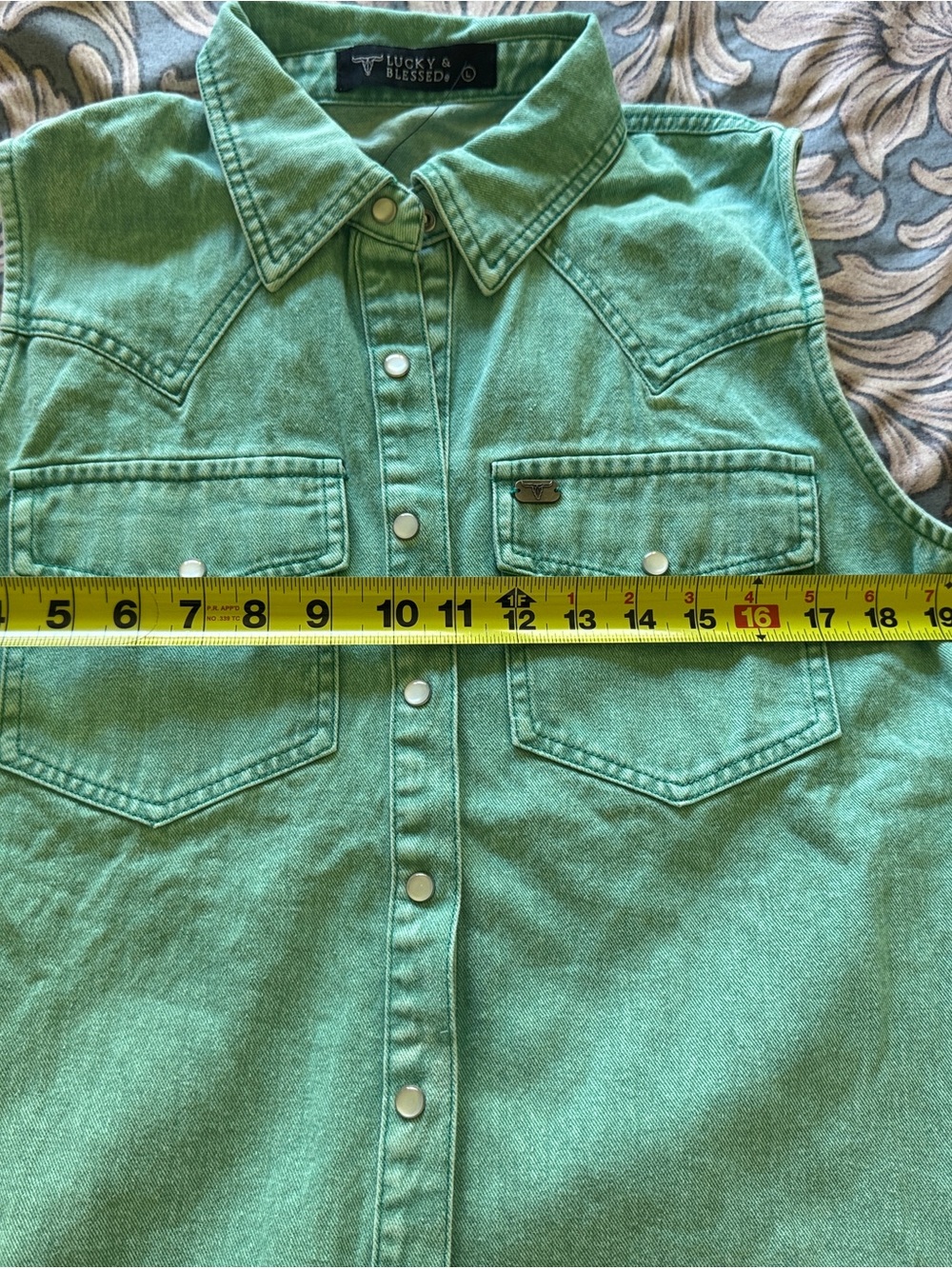 Lucky & Blessed Mint Green Sleeveless Denim Snap-Front Shirt - Picture 4 of 5